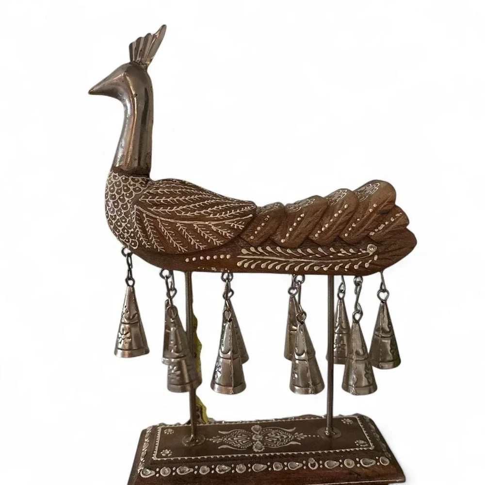 Unique handmade carved wooden peacock with bells